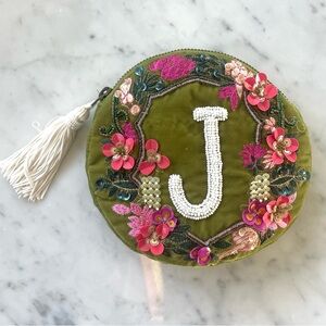 Anthropologie Green Velvet Floral Embellished Cosmetic Bag, J, EUC